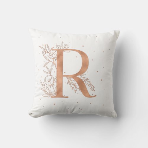 Letter R Rose Gold Monogram Botanical Illustration Throw Pillow