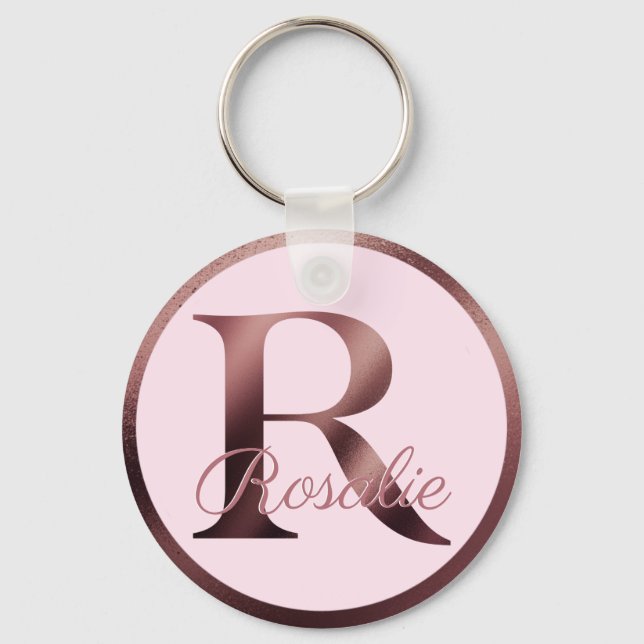 Letter R Stylish Pink Metallic Rose Gold Monogram  Keychain (Front)