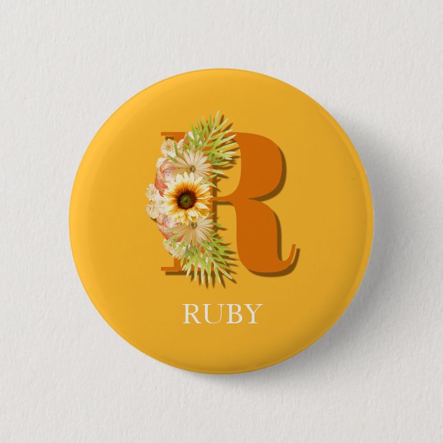Letter R Sunflower Floral Monogram with Name Button (Front)