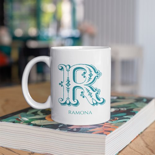 Letter R Teal Monogram Modern Name  Coffee Mug
