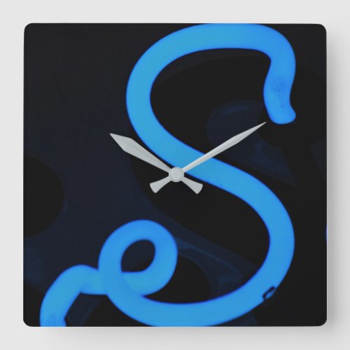 Letter S Alphabet Photography in Blue Neon Square Wall Clock