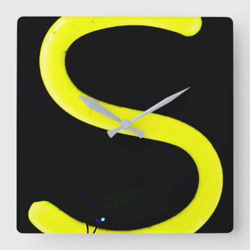 Letter S Alphabet Photography in Yellow Neon Square Wall Clock