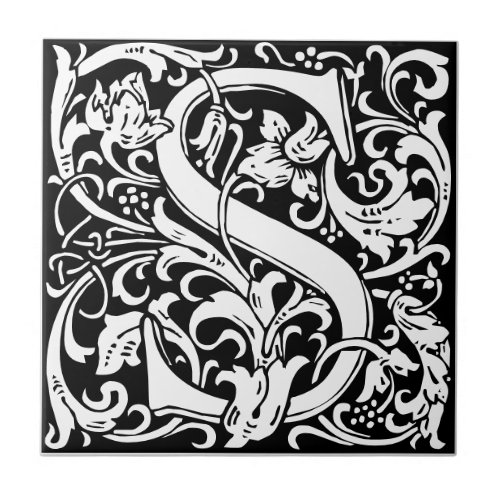 Letter S art nouveau black and white Tile