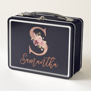 Letter S Blush pink Glitter Floral Monogram Metal Lunch Box