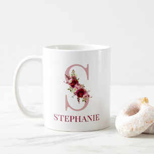 Letter S Burgundy Blush Floral Coffee Mug