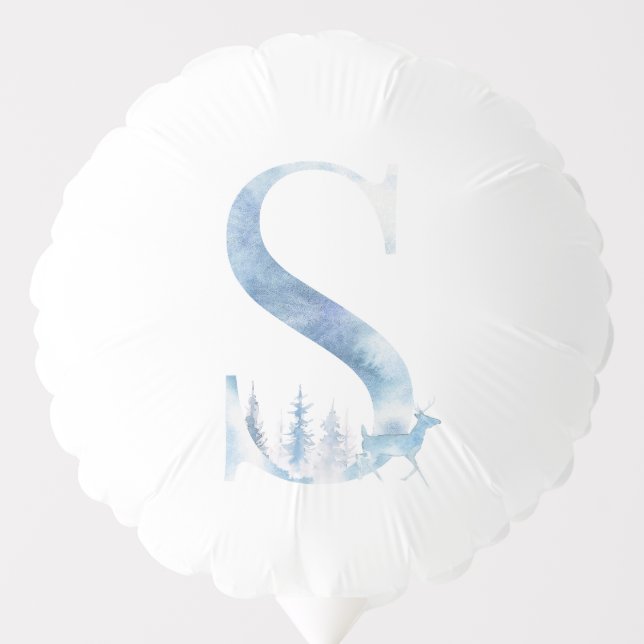 Letter S Dusty Blue Winter Forest Monogram Initial Balloon (Front)