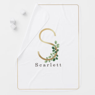 Letter S Elegant Gold + Botanical Greenery Baby Blanket