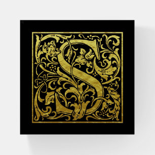 Letter S First Letter Faux Gold on Black Paperweight
