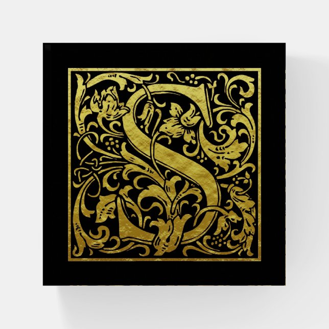 Letter S First Letter Faux Gold on Black Paperweight (Front)