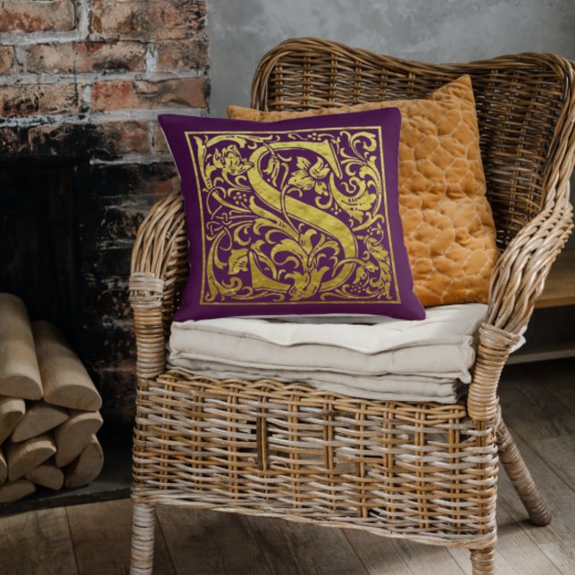 Letter S First Letter Faux Gold Purple Throw Pillow (Creator Uploaded)