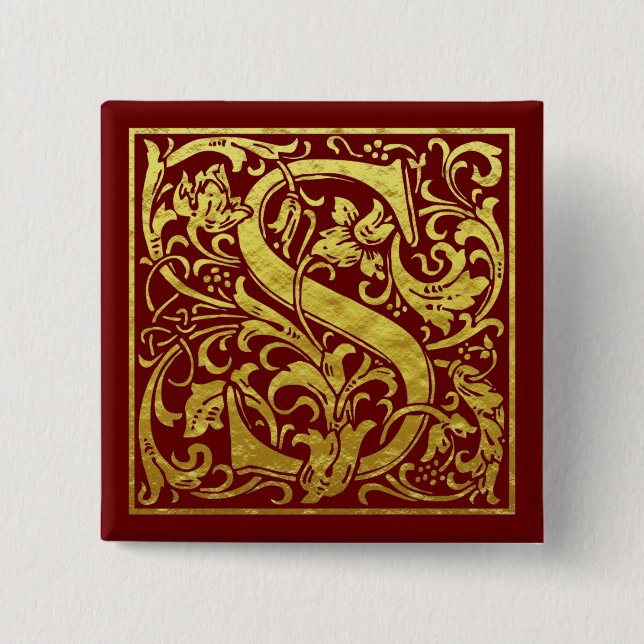Letter S First Letter Faux Gold Red Button (Front)
