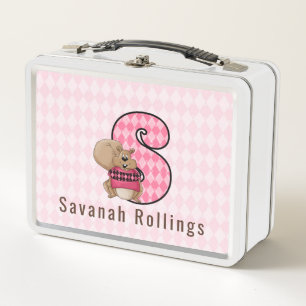 Letter S for Squirrel Pink Diamond Patterned Girls Metal Lunch Box