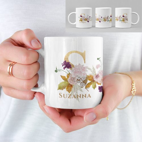 Letter S _ Gold Floral Name sister coworker friend Coffee Mug