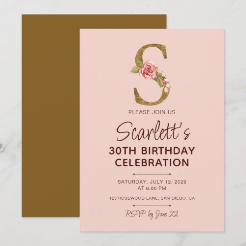 Letter S Gold Monogram Blush Pink Roses Invitation