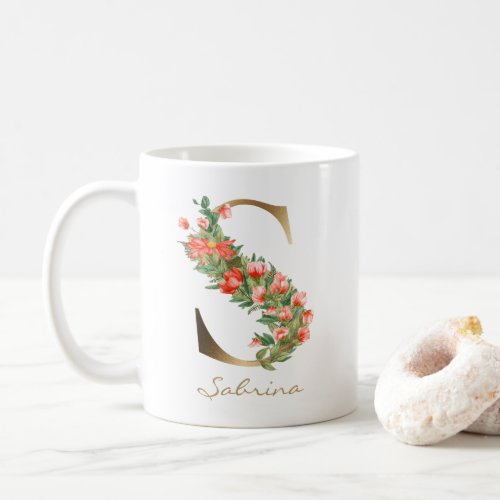 Letter S Gold Monogram Orange Florals Coffee Mug