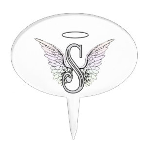 Letter S Initial Monogram with Angel Wings & Halo Cake Topper