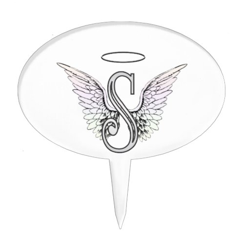 Letter S Initial Monogram with Angel Wings  Halo Cake Topper