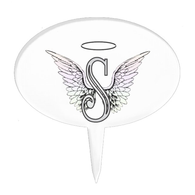 Letter S Initial Monogram with Angel Wings & Halo Cake Topper (Front)