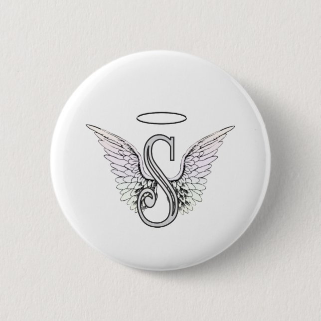 Letter S Initial Monogram with Angel Wings & Halo Pinback Button (Front)