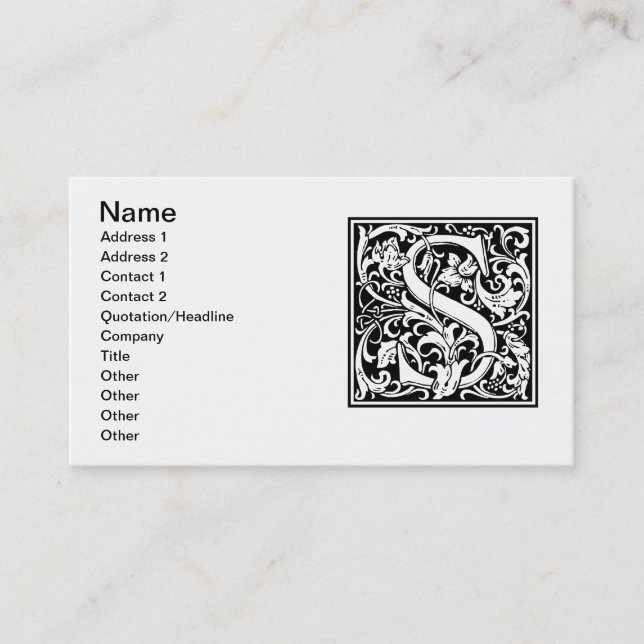 Letter S Medieval Monogram Art Nouveau Business Card (Front)