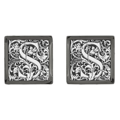 Letter S Medieval Monogram Art Nouveau Gunmetal Finish Cufflinks