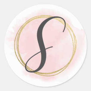 Letter S Monogram Blush Pink Watercolor Gold Chic Classic Round Sticker