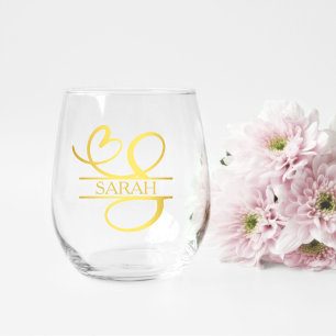Letter S Monogram Bridesmaid Gift, Modern Elegant Stemless Wine Glass