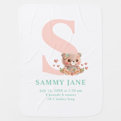 Letter S Monogram Cute Bear Birth Statistics Baby Blanket