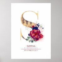Letter S Monogram Floral Navy Blue and Burgundy