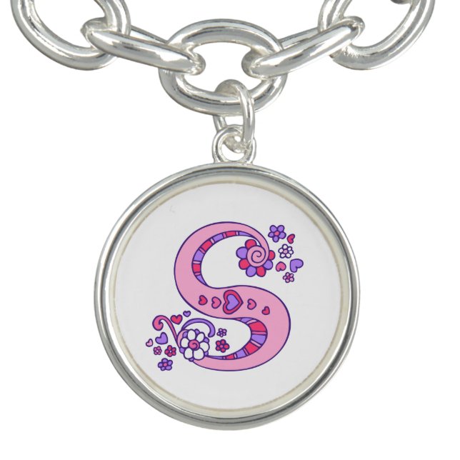 Letter S monogram heart flower pink art charm Bracelet (Design)