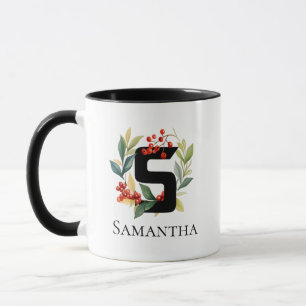 Letter S Monogram Initial Christmas Berry Wreath Mug