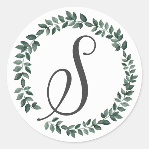 Letter S Monogram Minimalist Botanical Leaf Wreath Classic Round Sticker