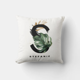 Letter S Monogram Monstera Leaves Tropical Throw Pillow