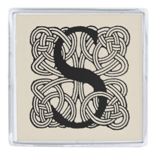 Letter S Monogram Vintage Celtic Knot Print Silver Finish Lapel Pin