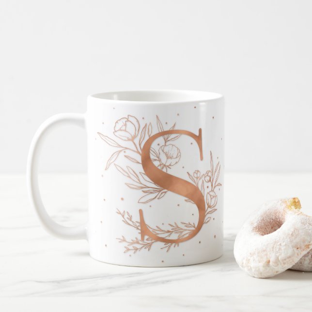 Letter S Rose Gold Monogram Botanical Illustration Coffee Mug (With Donut)