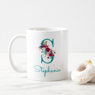 Letter S Teal Pink Floral Coffee Mug