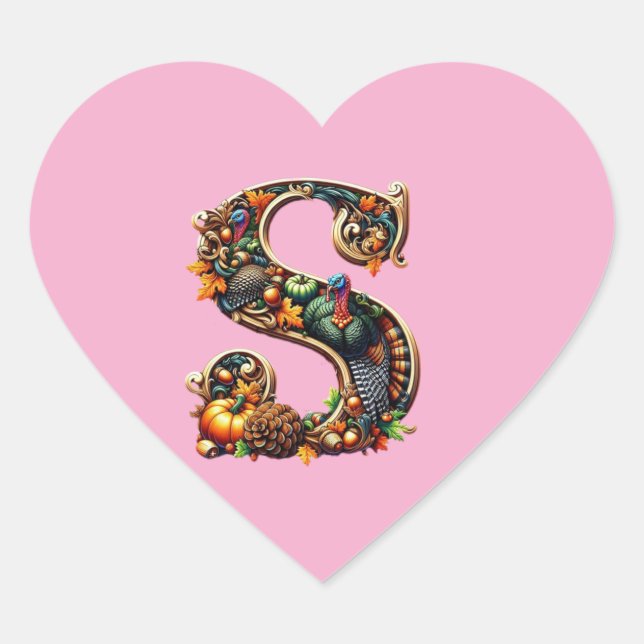 Letter S Thanksgiving turkey style gift  Heart Sticker (Front)