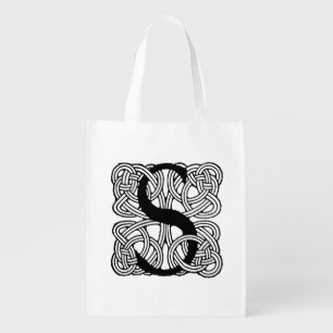 Letter S Vintage Celtic Knot Monogram Grocery Bag