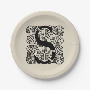 Letter S Vintage Celtic Knot Monogram Paper Plates