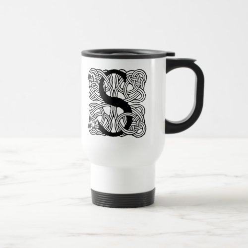 Letter S Vintage Celtic Knot Monogram Travel Mug