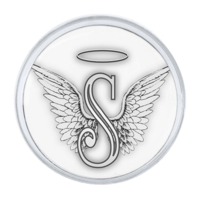 Letter S with Angel Wings Silver Finish Lapel Pin (Front)