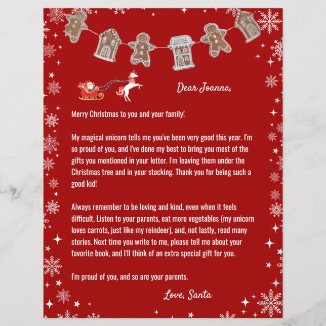 Letter Santa Unicorn Reindeer Snowflakes Red Xmas (Front)