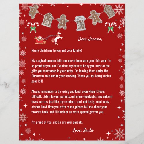 Letter Santa Unicorn Snowflakes Candy Red Xmas