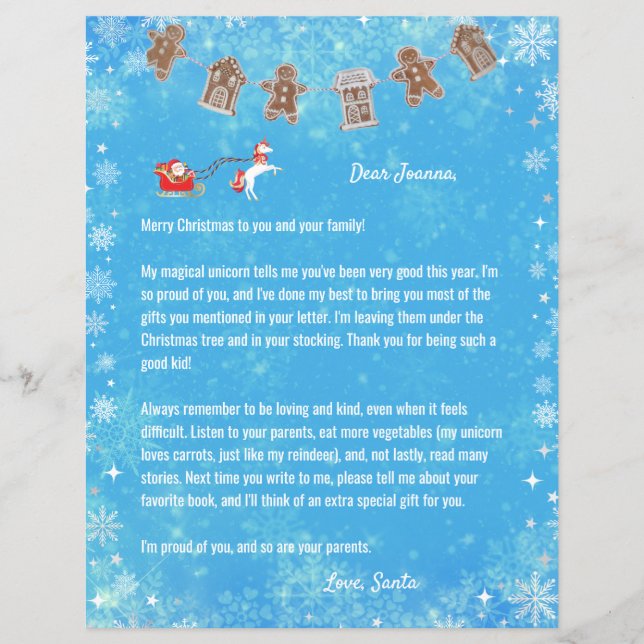 Letter Santa Unicorn Snowflakes Reindeer Blue Xmas (Front)