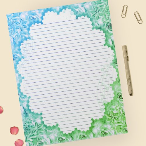 Letter Size _ Green Blue Framed Floral Lined Paper Notepad