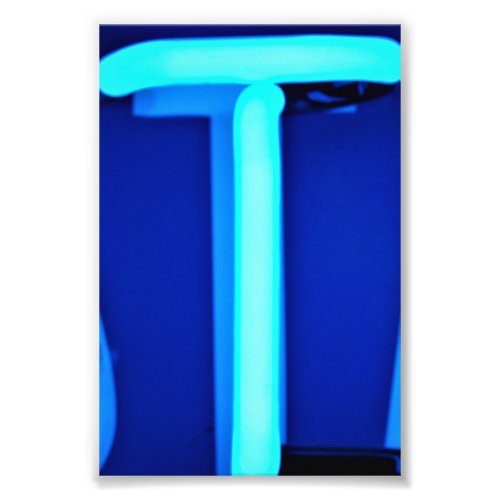 Letter T Alphabet Photography in Blue Neon Photo Print