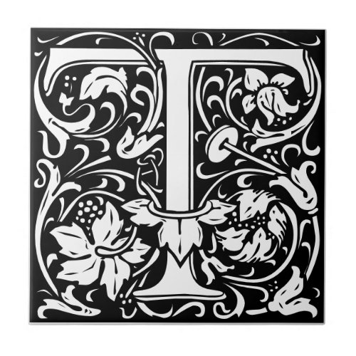 Letter T art nouveau black and white Tile