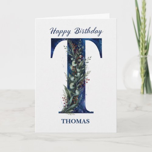 Letter T Birthday for Him Personalized Name Blue Card
