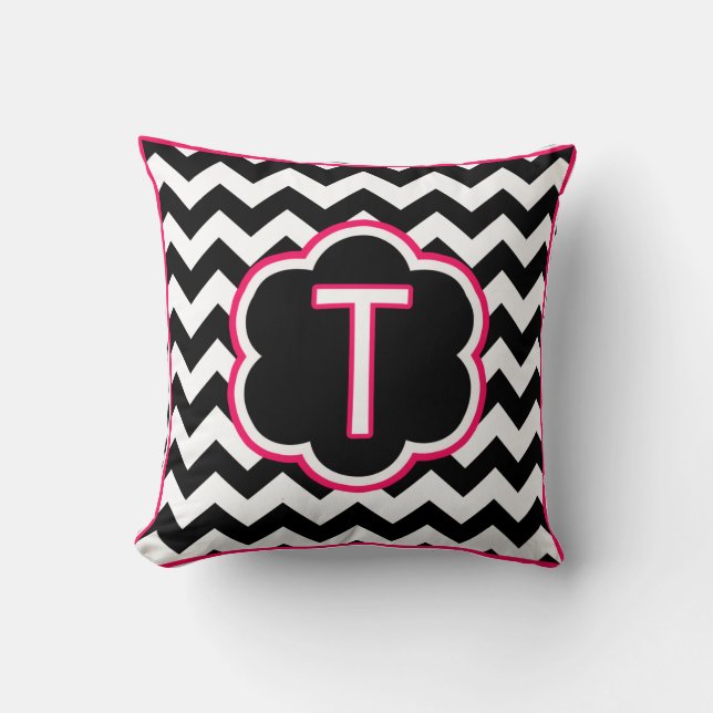 Letter T Black and White Chevron Monogram Throw Pillow (Front)