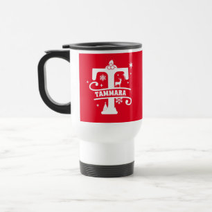 Letter T Christmas Monogram Initial Name Red   Travel Mug